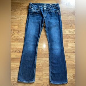 Silver Jeans Pioneer Bootcut Denim Women’s Size 30x33 Dark Thick Stitching EUC